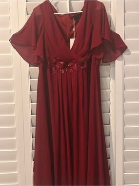 Ever Pretty Burgundy Maxi Dress with Floral Embellished Waist